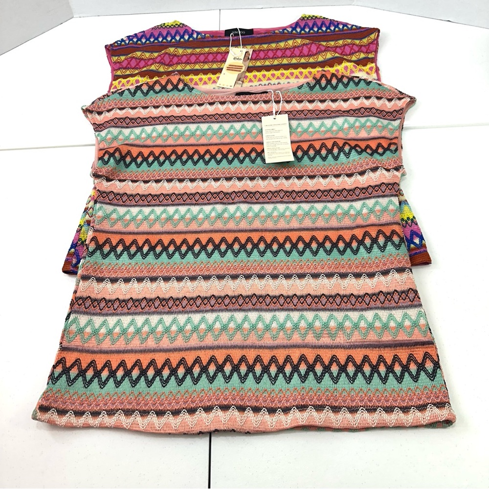 Women's Multicolor Zigzag Knit Short Sleeve Top - Peach & Aqua